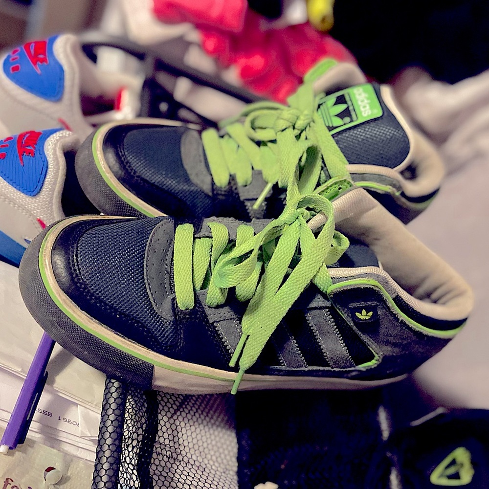 Black and lime green adidas unisex sneakers